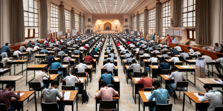 large and orderly examination hall in Jaipur, India, filled with candidates participating in the exam.