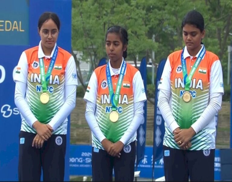 India’s-Jyothi-Surekha-Vennam,-Aditi-Gopichand-Swami-And-Parneet-Kaur-Won-Gold-In-The-Women’s-Final-At-Archery-World-Cup-In-Shanghai 