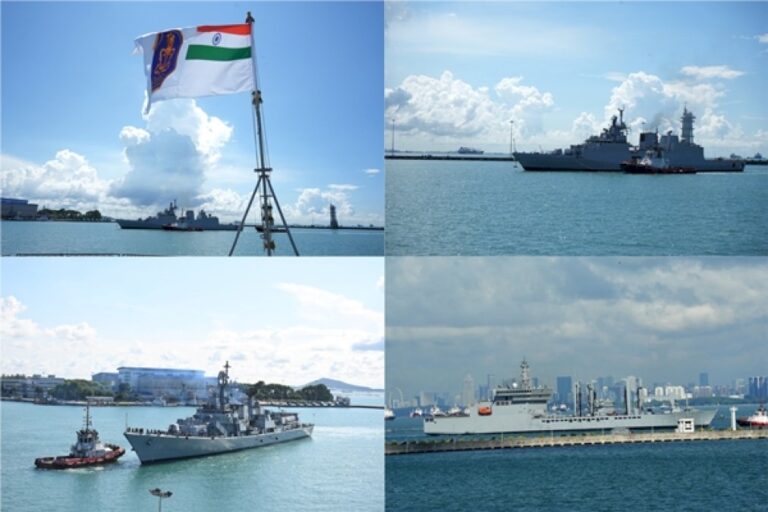 Indian-Naval-Ships-Delhi,-Shakti,-And-Kiltan-Reach-Singapore-As-Part-Of-Eastern-Fleet-Deployment-To-South-China-Sea